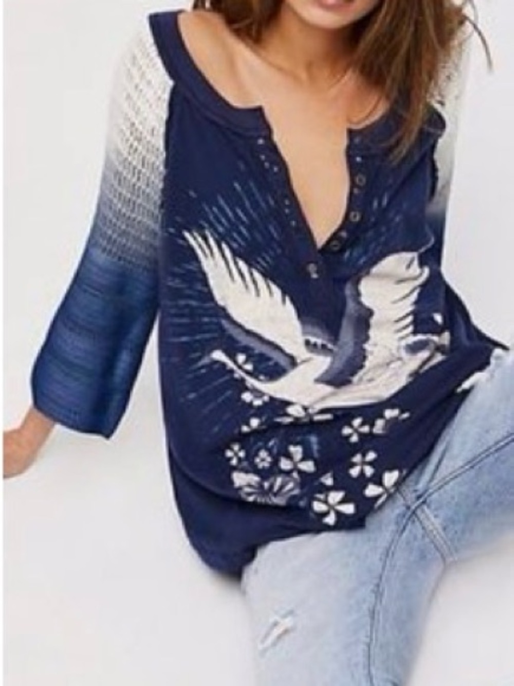 Oversized Free People Navy Graphic Henley with Cream-to-Blue Crochet Sleeves